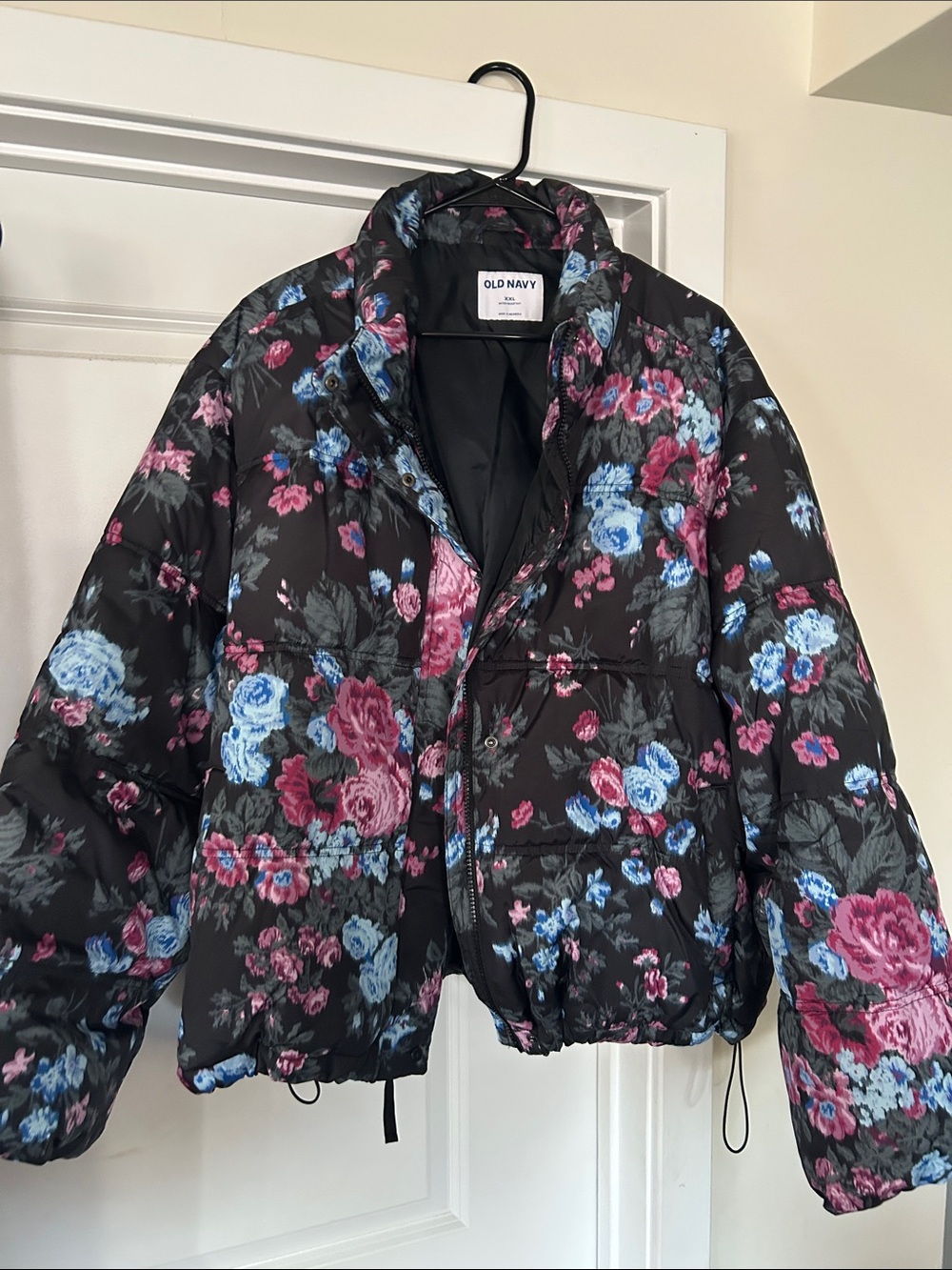 Old Navy Black Floral Puffer Jacket with Blue and Pink Roses